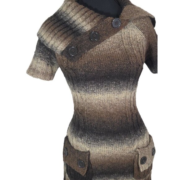 Y2K VTG Knit Short Sleeve Mini Dress Brown Foldover Neck Preppy Office Siren Sz - Picture 2 of 6